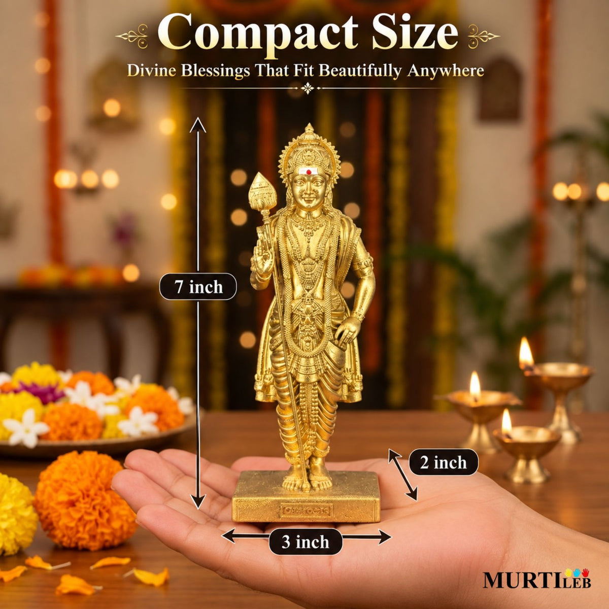Lord Murugan Swamy Gold 7 Inch | Kartikeya Swamy Idol