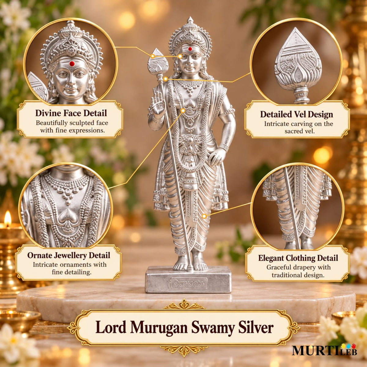 Lord Murugan Swamy Silver 7 Inch | Kartikeya Swamy Idol
