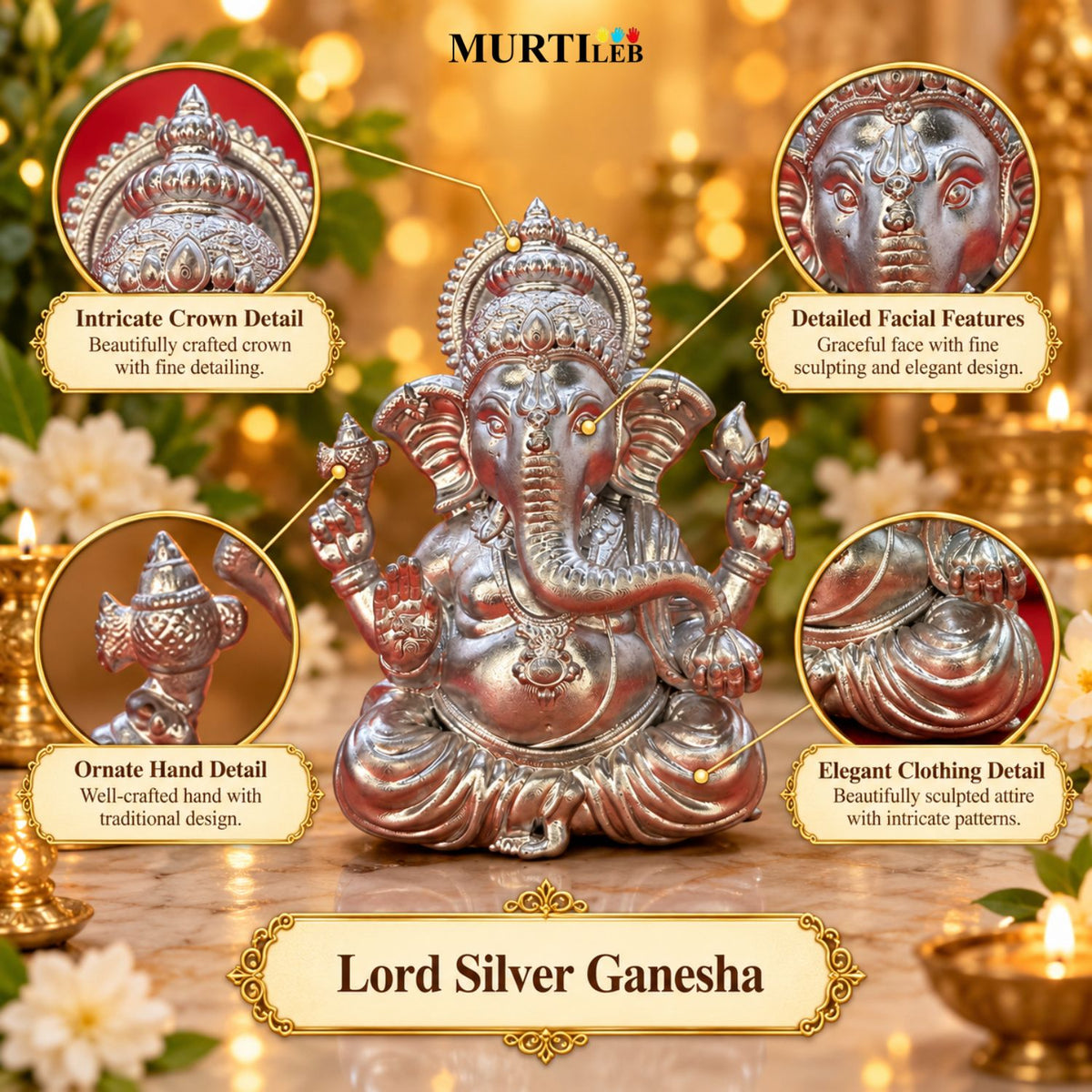 Lord Silver Ganesha Idol 3.5 Inch | Premium Silver Finish UV Resin Ganesh Murti for Decor, Car Dashboard, Home, Office & Gifting