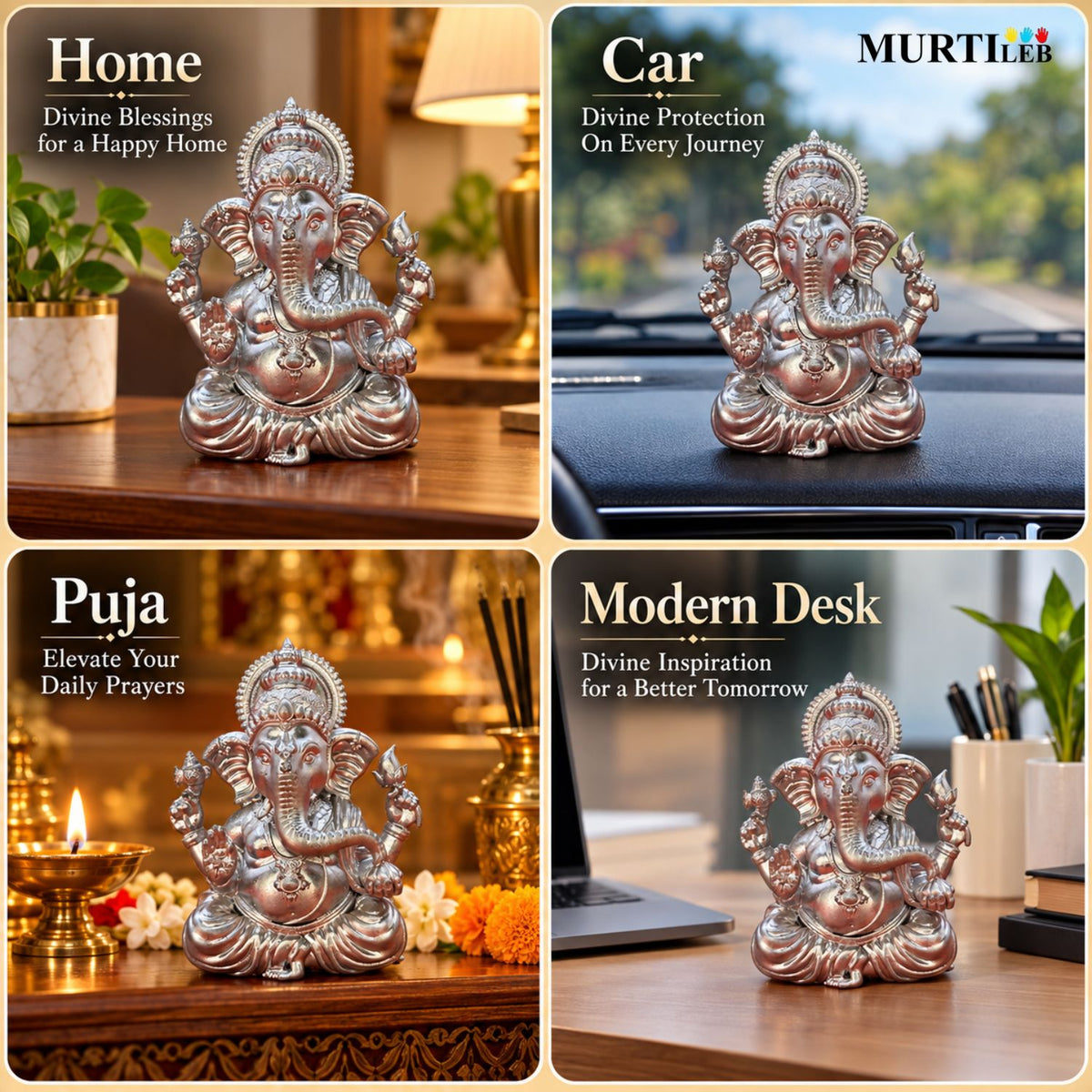 Lord Silver Ganesha Idol 3.5 Inch | Premium Silver Finish UV Resin Ganesh Murti for Decor, Car Dashboard, Home, Office & Gifting