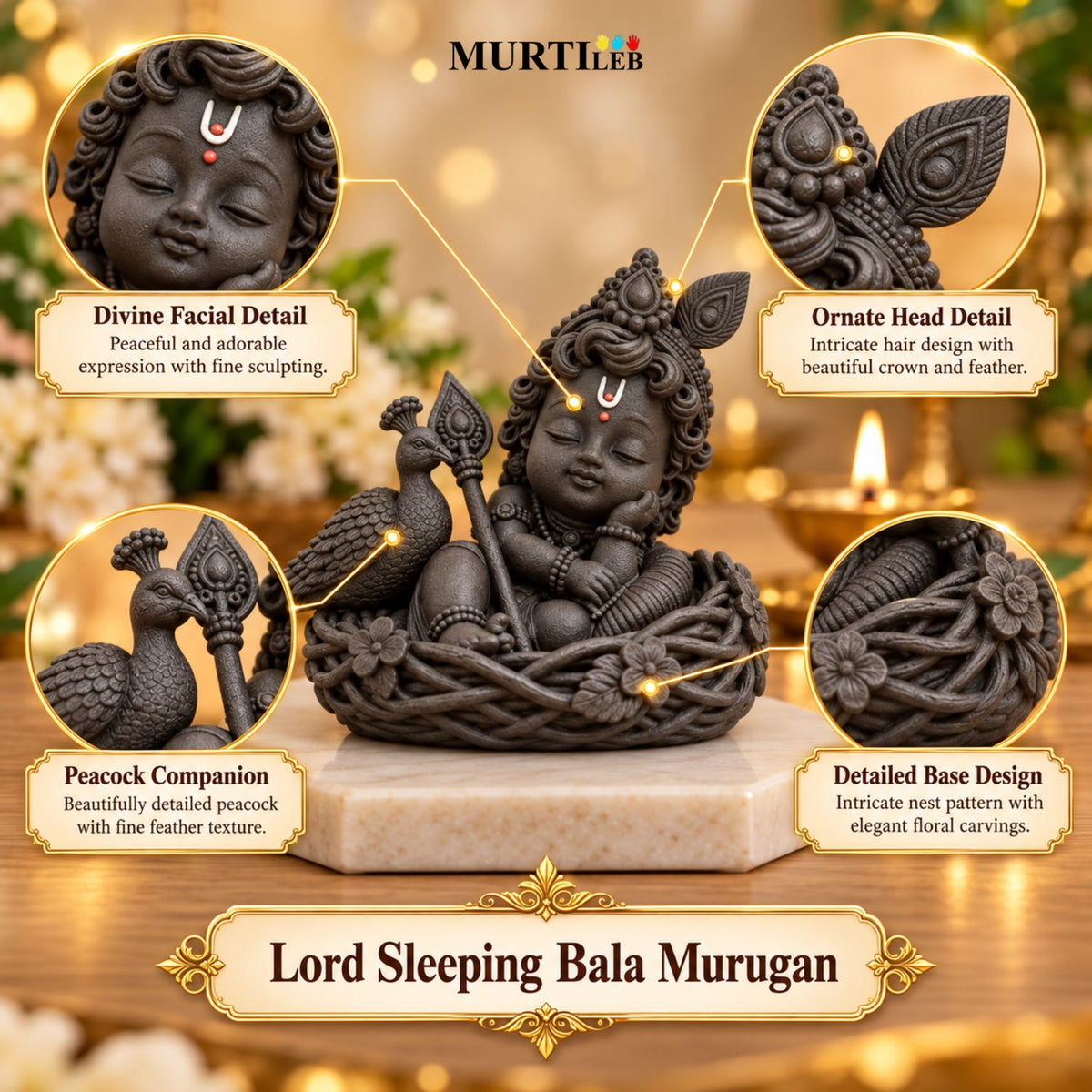 Lord Sleeping Bala Murugan Black Idol 3.5 Inch | Peaceful Sleeping Kartikeya Murti for Home Mandir, Pooja Room, Office, Car Dashboard & Gifting