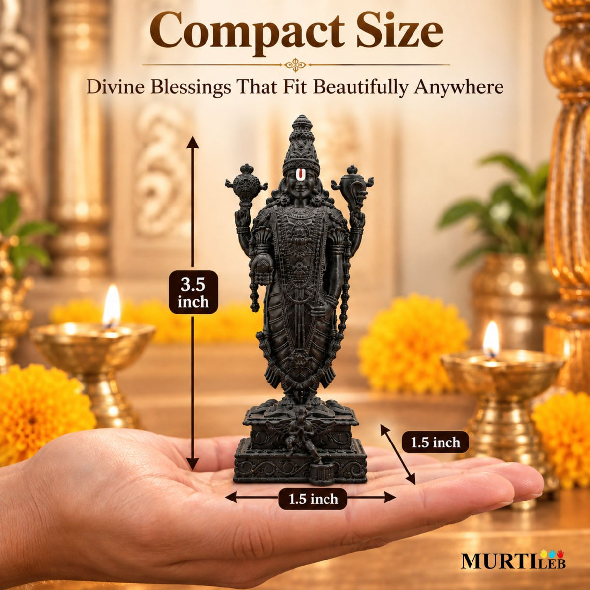 Tirupati Balaji Idol 3.5 Inch Black | Premium UV Resin Venkateswara Statue