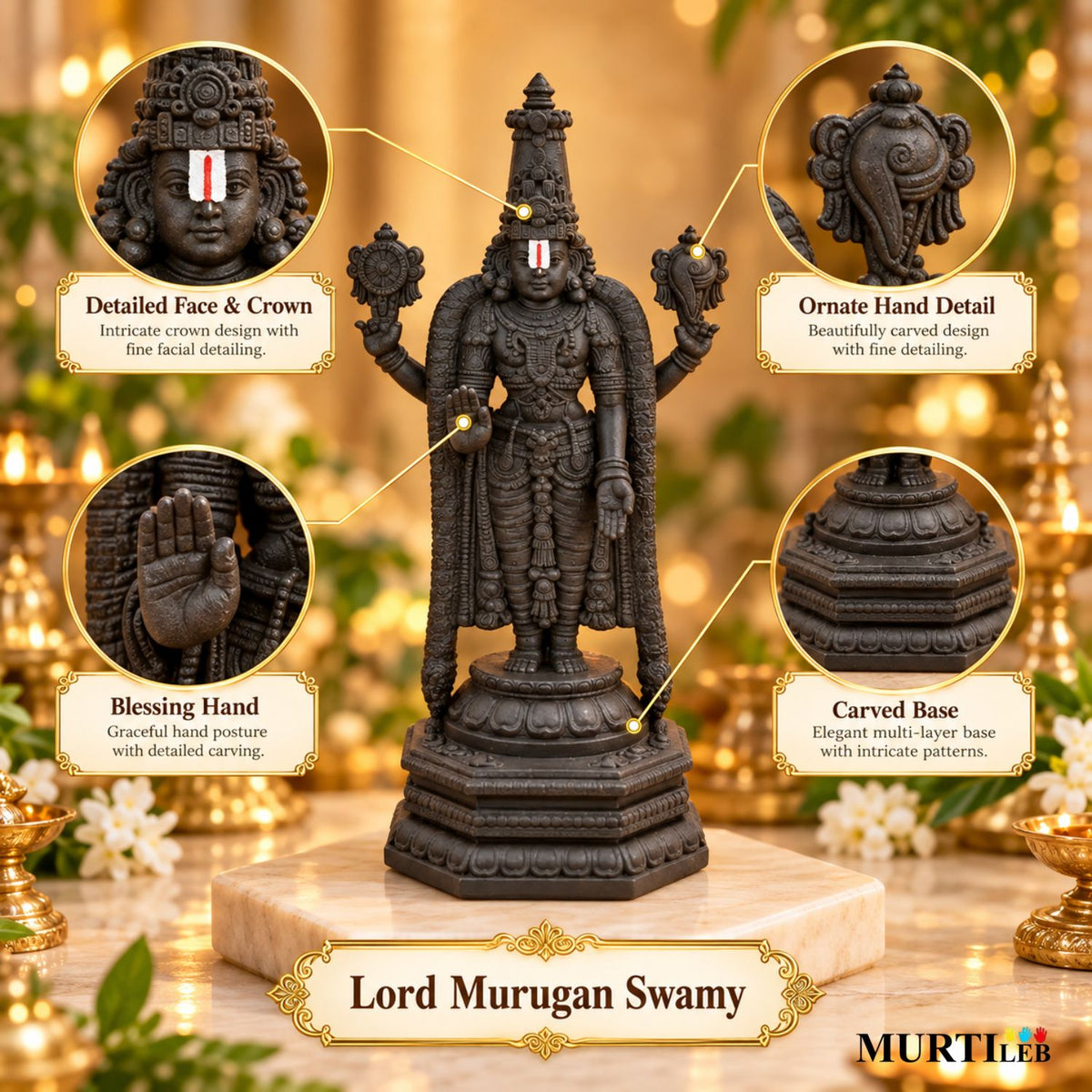 Lord Venkateswara Balaji Black Idol 4 Inch | Premium Black Finish UV Resin Tirupati Balaji Statue