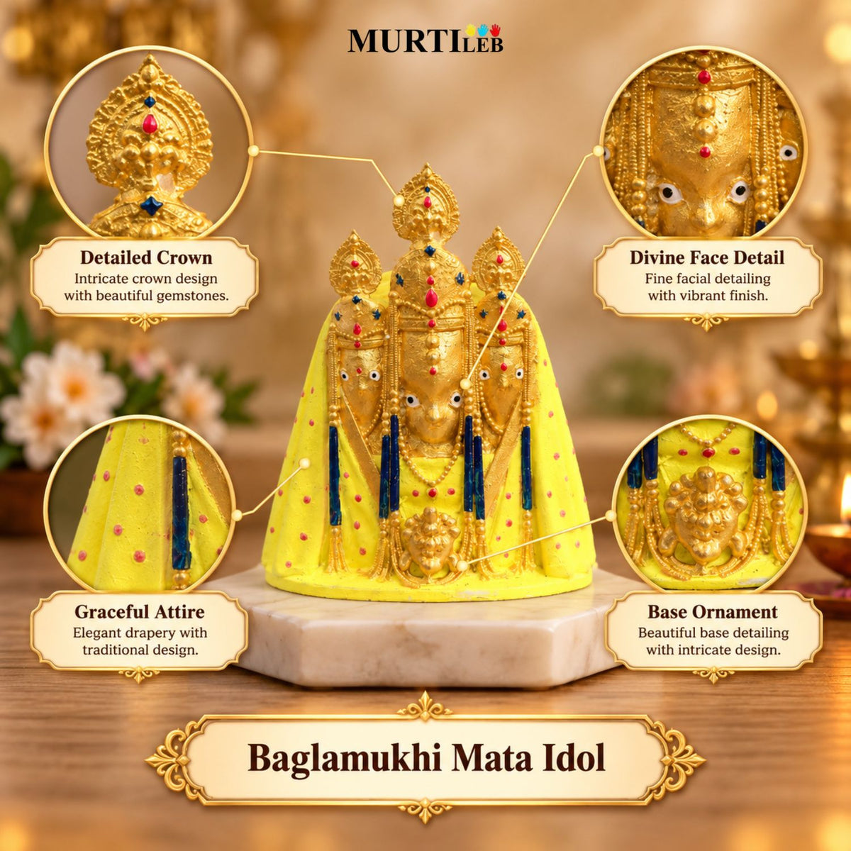 Maa Baglamukhi Multicolor Idol 3.5 Inch, Nalkheda Swaroop Car Dashboard & Pooja Idol
