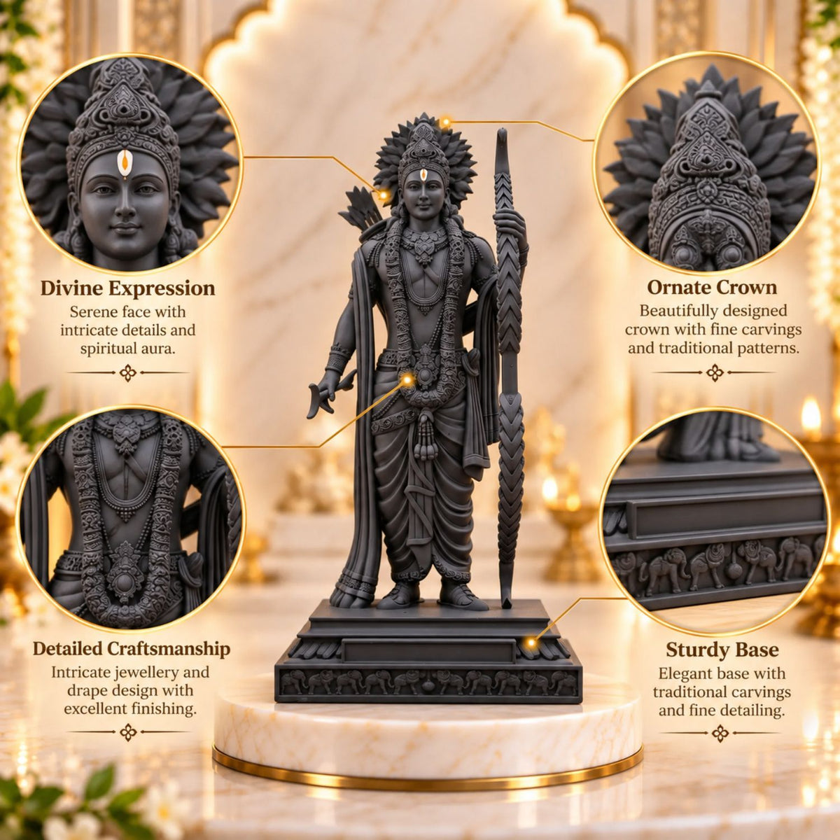 Lord Ram Ji Idol  Black | Ram Ji Statue for Home Mandir, Pooja Room, Car Dashboard, Office & Gifting
