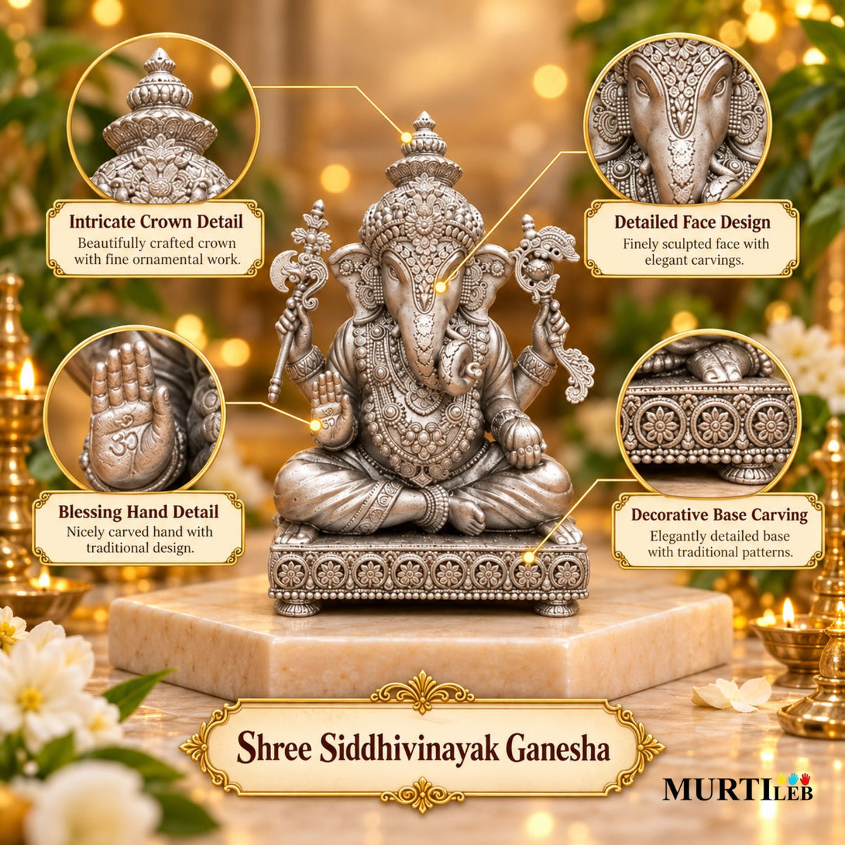 Shree Siddhivinayak Ganesha Silver 3 Inch