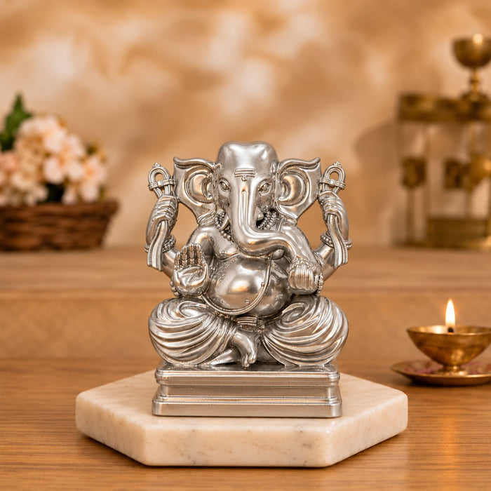 Silver Chaturbhuj Ganesha Idol 3 Inch | Four-Armed Lord Ganesha Statue
