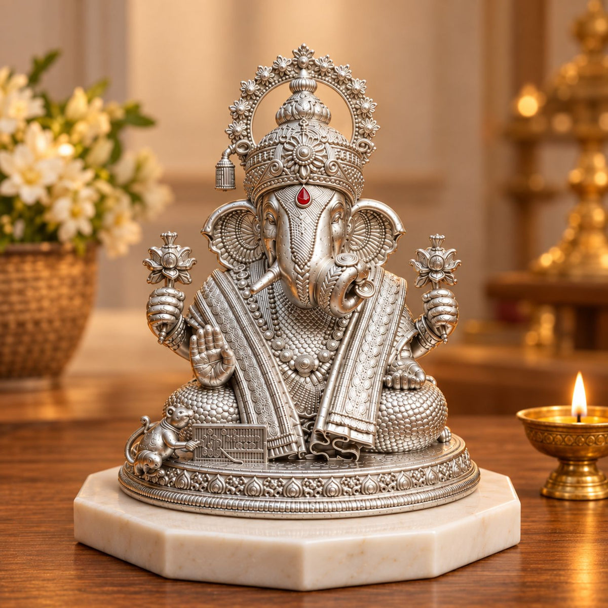 Silver Finish Lord Ganesha Idol 3.5 Inch For Car Dashboard