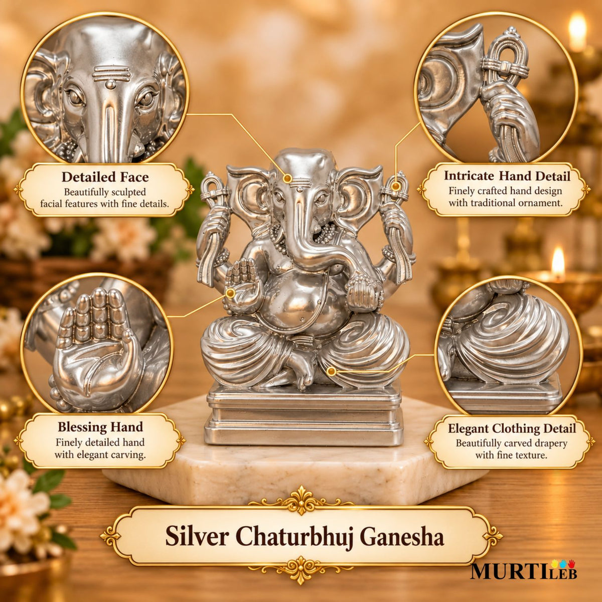 Silver Chaturbhuj Ganesha Idol 3 Inch | Four-Armed Lord Ganesha Statue