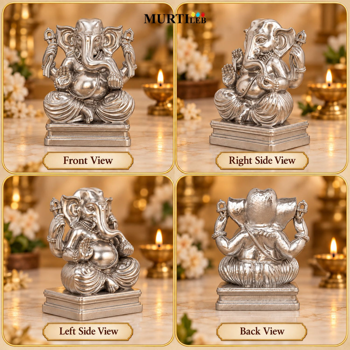 Silver Chaturbhuj Ganesha Idol 3 Inch | Four-Armed Lord Ganesha Statue