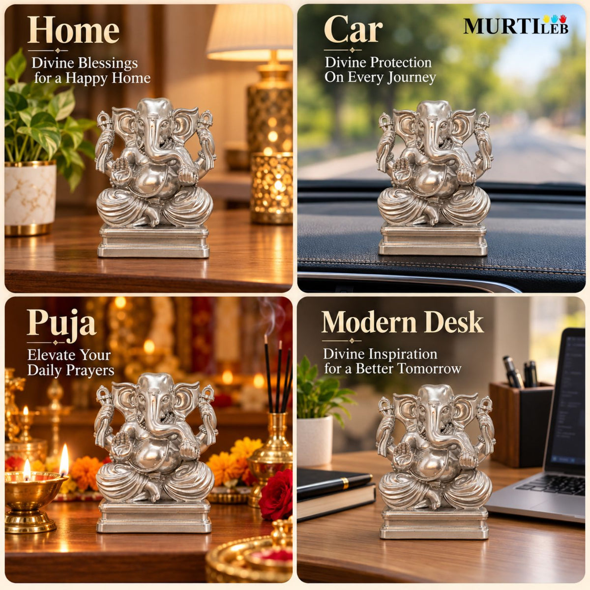 Silver Chaturbhuj Ganesha Idol 3 Inch | Four-Armed Lord Ganesha Statue