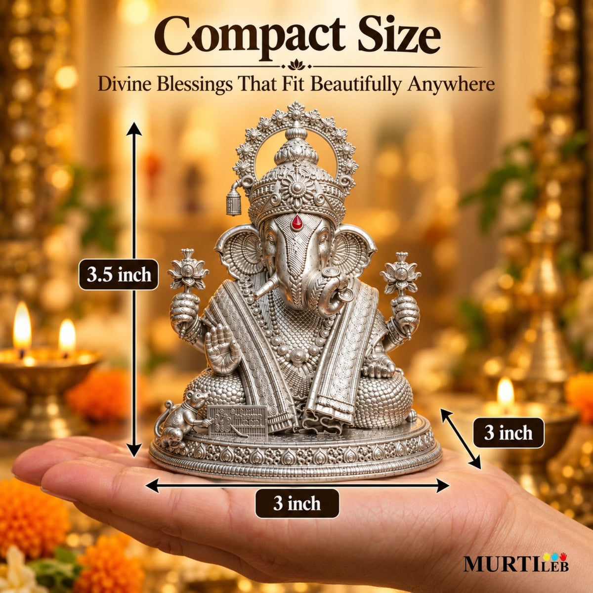 Silver Finish Lord Ganesha Idol 3.5 Inch For Car Dashboard