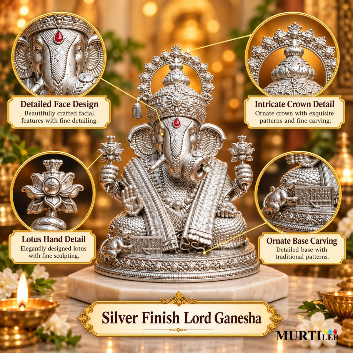 Silver Finish Lord Ganesha Idol 3.5 Inch For Car Dashboard