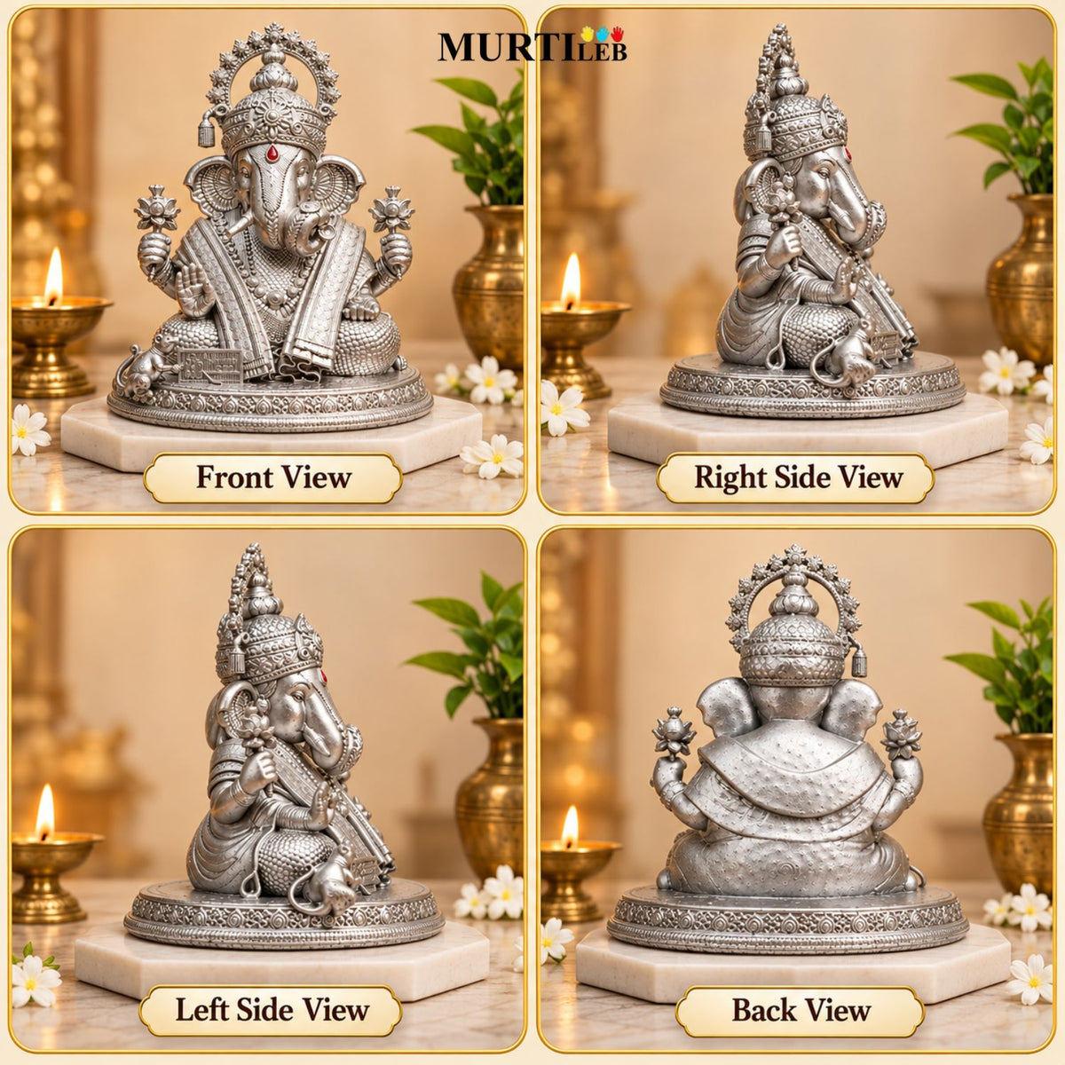 Silver Finish Lord Ganesha Idol 3.5 Inch For Car Dashboard
