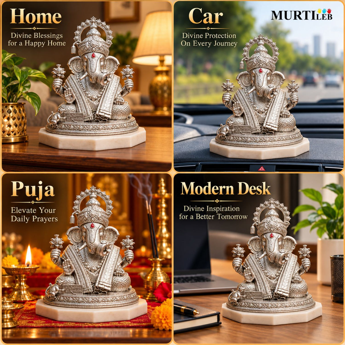 Silver Finish Lord Ganesha Idol 3.5 Inch For Car Dashboard