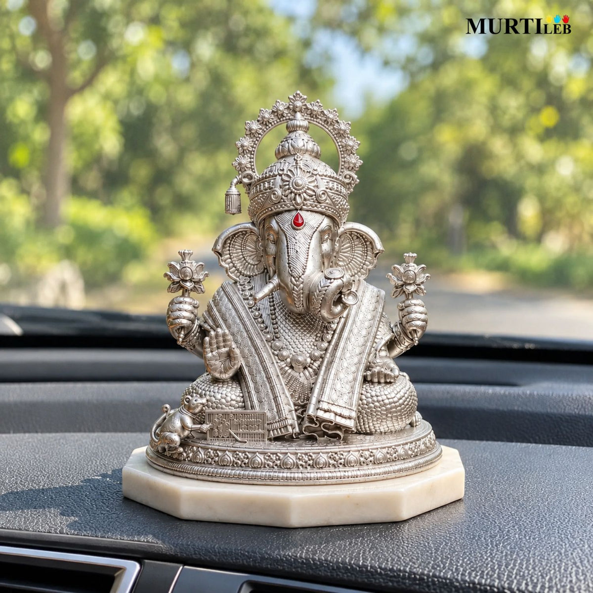 Silver Finish Lord Ganesha Idol 3.5 Inch For Car Dashboard