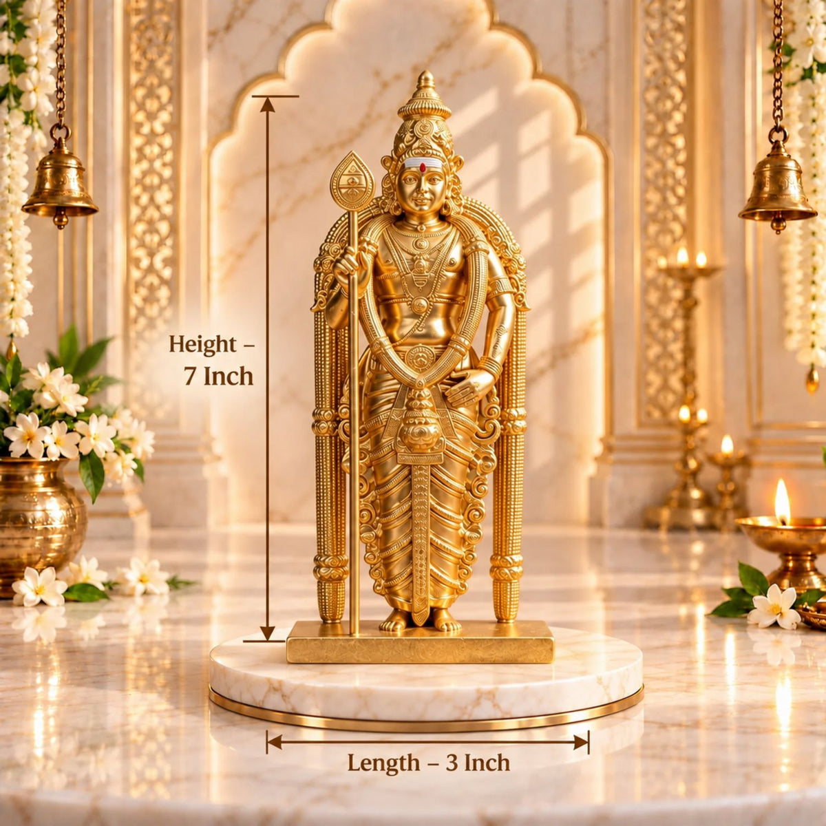 Divine Murugan Gold Idol | Kartikeya Murti for Home Mandir, Pooja Room, Car Dashboard, Office & Gifting