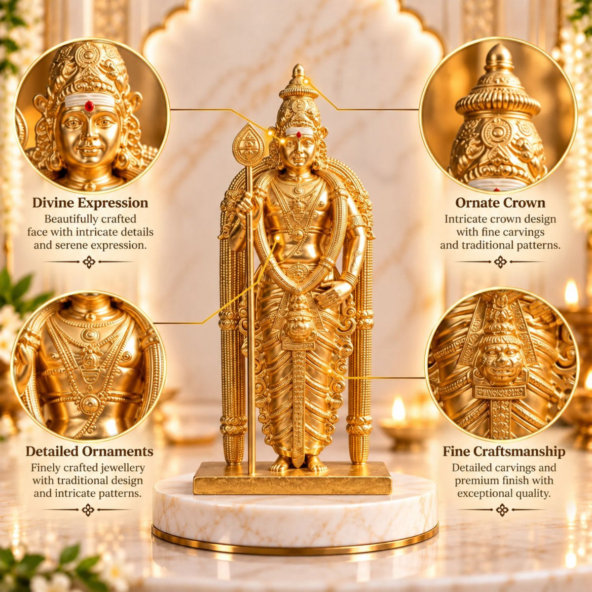 Divine Murugan Gold Idol | Kartikeya Murti for Home Mandir, Pooja Room, Car Dashboard, Office & Gifting