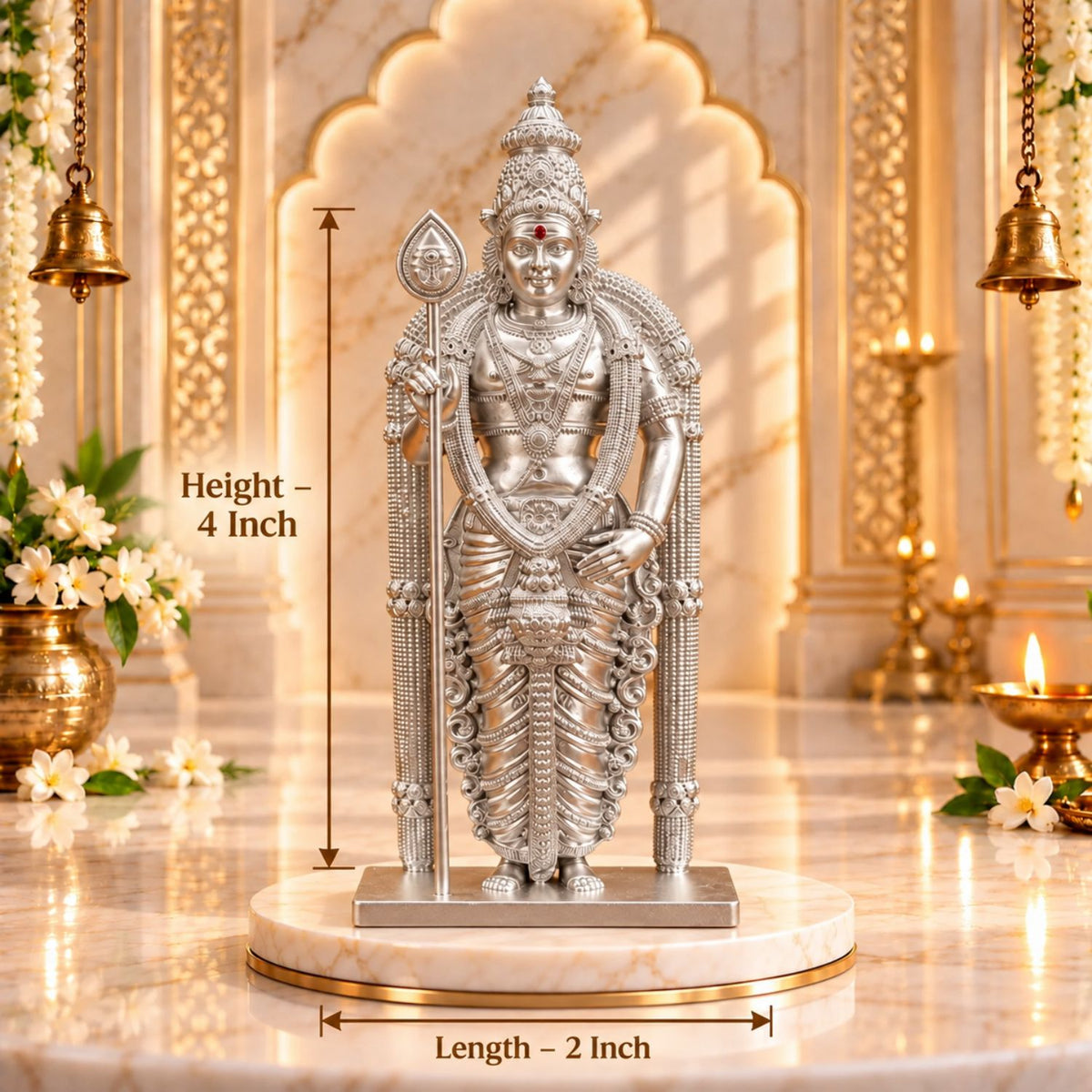 Divine Murugan Silver Idol | Kartikeya Murti for Home Mandir, Pooja Room, Car Dashboard, Office & Gifting