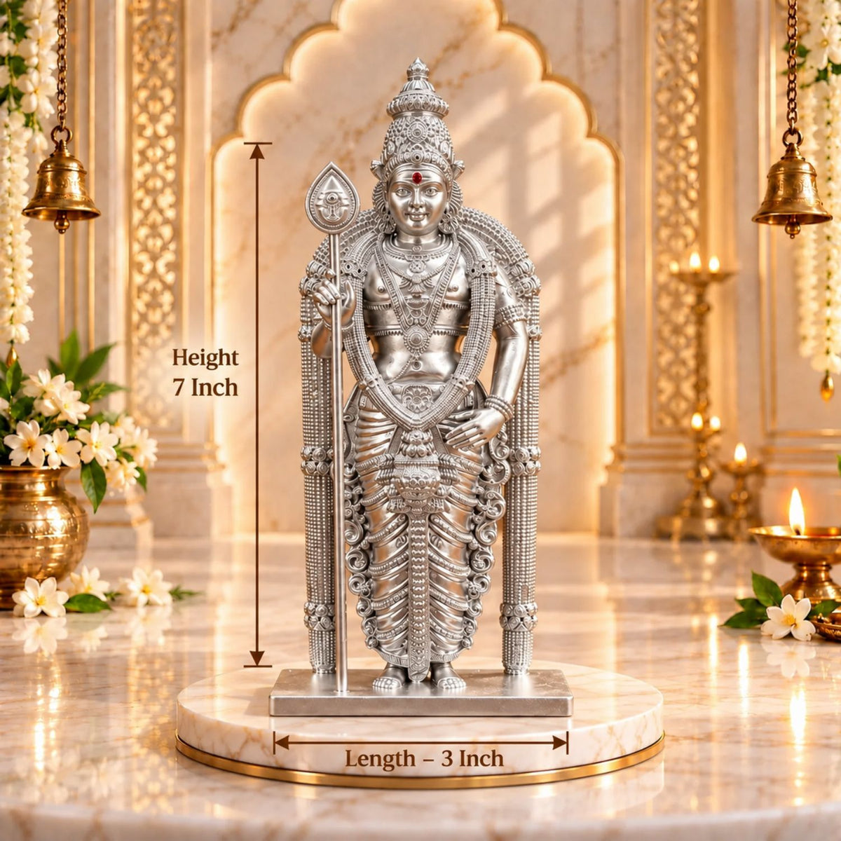 Divine Murugan Silver Idol | Kartikeya Murti for Home Mandir, Pooja Room, Car Dashboard, Office & Gifting