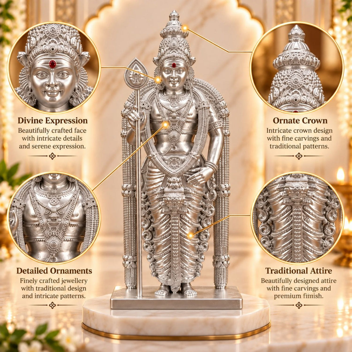 Divine Murugan Silver Idol | Kartikeya Murti for Home Mandir, Pooja Room, Car Dashboard, Office & Gifting